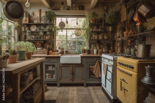 A rustic and cozy kitchen with exposed brick walls  farmhouse-style cabinets  and a large farmhouse sink for a warm and inviting atmosphere. Generative AI