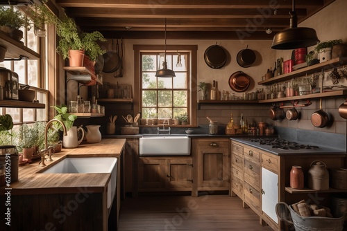 A rustic and cozy kitchen with exposed brick walls, farmhouse-style cabinets, and a large farmhouse sink for a warm and inviting atmosphere. Generative AI