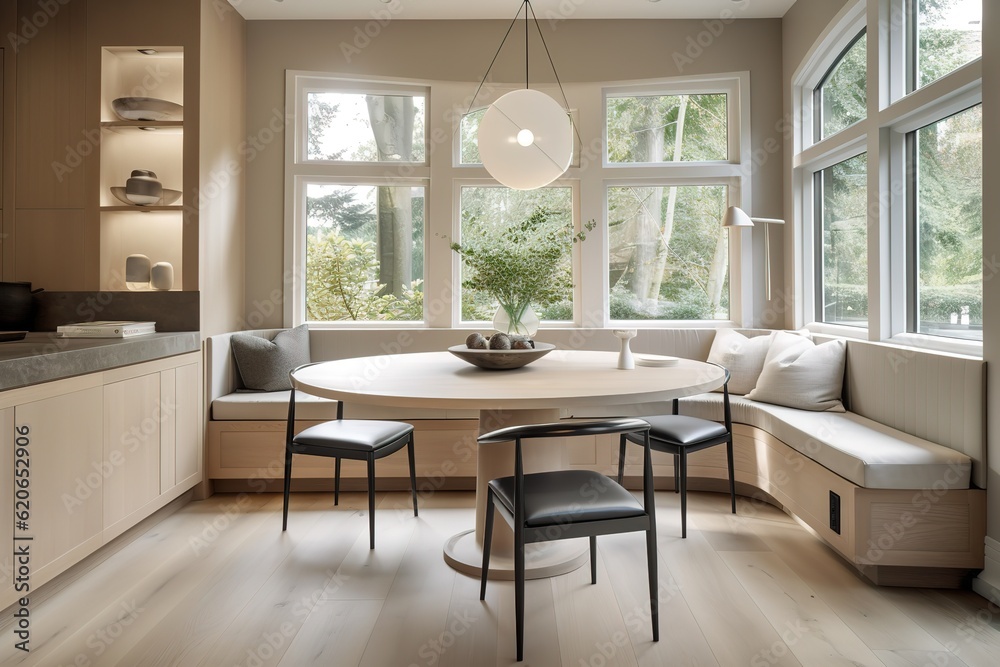 A cozy and inviting breakfast nook with a round table and comfortable seating, perfect for morning coffee. Generative AI A cozy and inviting breakfast nook with a round table and comfortable seating, perfect for morning coffee. Generative AI