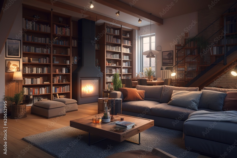 A cozy and inviting family room with a large sectional, a built - in bookshelf, and plenty of natural light. generative ai