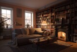 A cozy and inviting family room with a large sectional, a built - in bookshelf, and plenty of natural light. generative ai