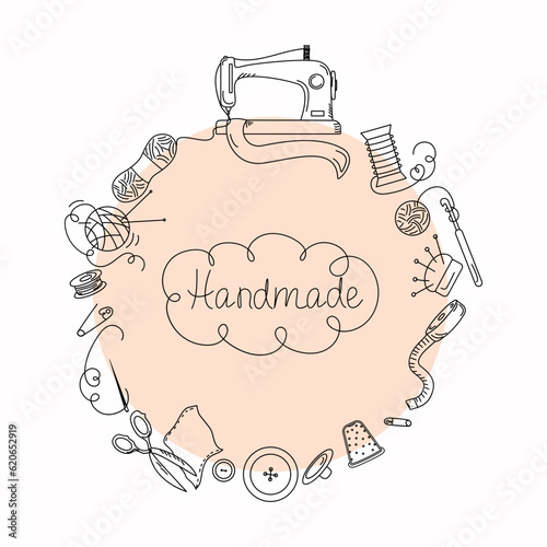 Sewing tools, doodle style. Handmade, Handicrafts set with elements of a sewing machine, threads, needles, dummy, scissors. Vector.	