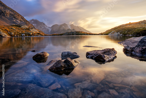 Peaceful evening light at an alpine lake.