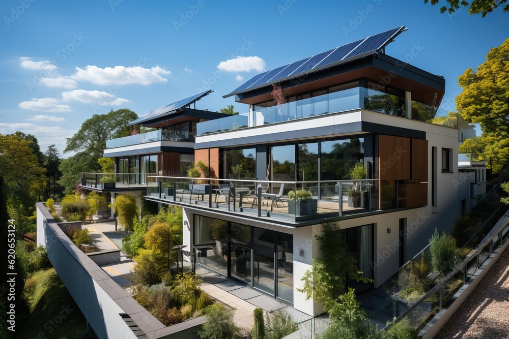 Residential development with equipped with solar panels on the roofs, generative AI