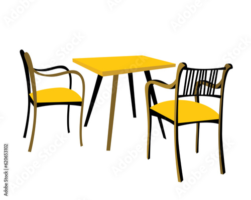 An empty table and two stylish chairs.