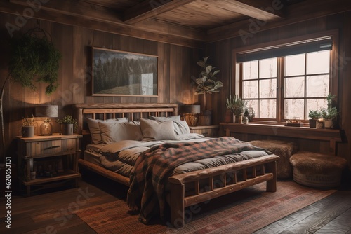 A cozy, cabin-style bedroom with a wooden bed frame. generative AI © Create image