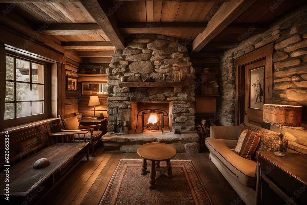 Fototapeta premium A cozy cabin-style Living Room with a wooden beam ceiling, a stone fireplace, and rustic furniture. generative ai
