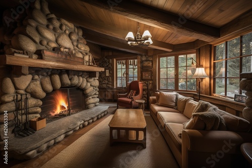A cozy cabin-style Living Room with a wooden beam ceiling  a stone fireplace  and rustic furniture. generative ai