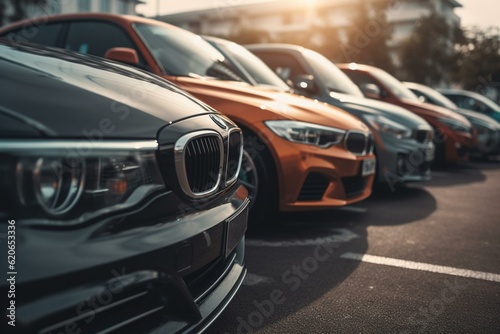Cars for sale in car lot. Generative AI © Evelina