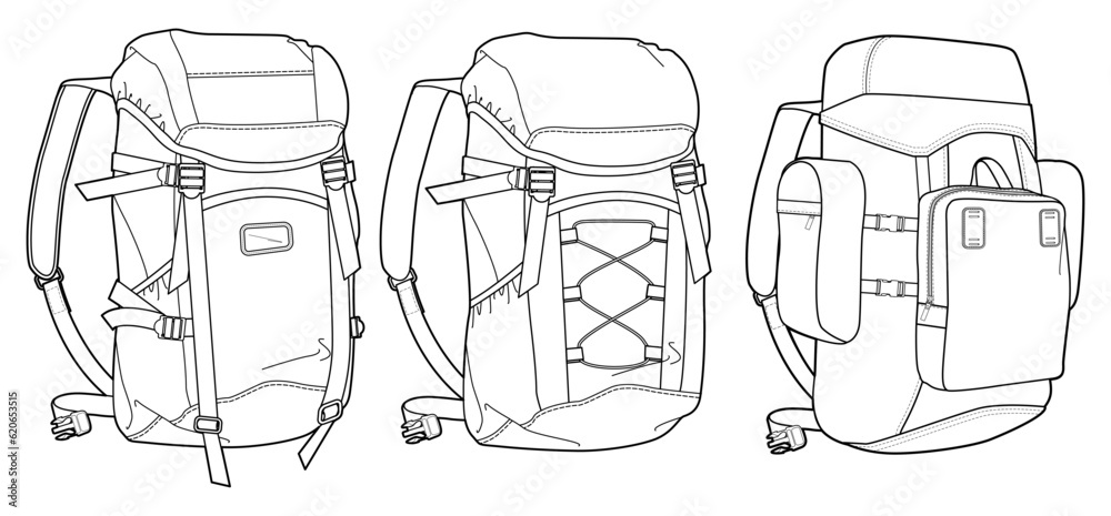 Set of rucksack Backpack bag flat sketch fashion illustration drawing ...
