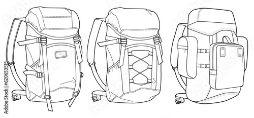 Set of rucksack Backpack bag flat sketch fashion illustration drawing template mock up, Hiking Backpack cad drawing.
