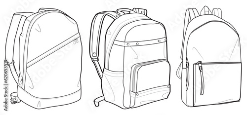 Fotografija Set of Backpack bag flat sketch fashion illustration drawing template mock up, Backpack cad drawing