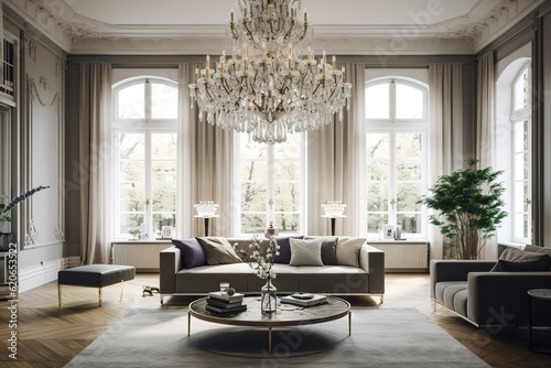 Lavish Living Room Sanctuary with Designer Furniture  High Ceilings. Generated AI