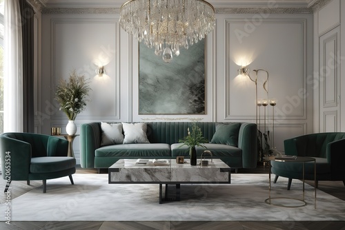 A classic formal living room with a tufted velvet sofa, a marble fireplace, a crystal chandelier, and richly patterned drapes. Generative AI