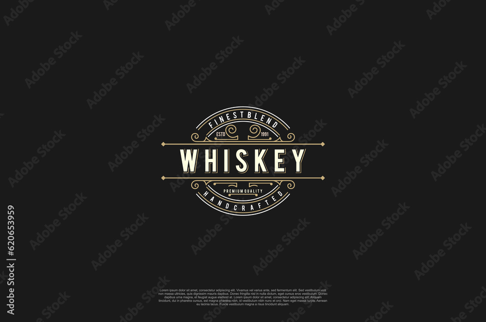 Old label vintage badge whiskey emblem logo design. Calligraphy swirl ornament. Vector design element