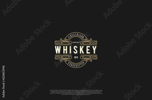 Old label vintage badge whiskey emblem logo design. Calligraphy swirl ornament. Vector design element