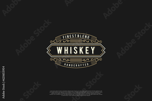 Old label vintage badge whiskey emblem logo design. Calligraphy swirl ornament. Vector design element