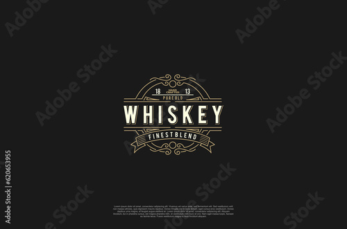 Old label vintage badge whiskey emblem logo design. Calligraphy swirl ornament. Vector design element