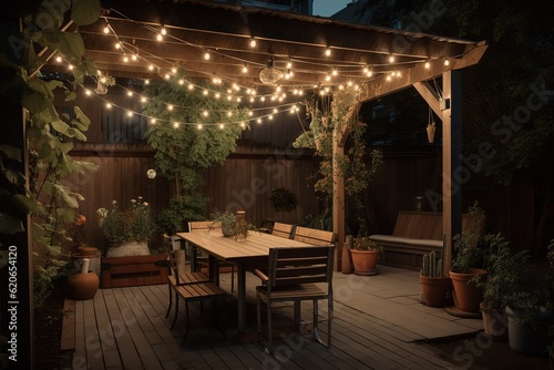 A charming and rustic outdoor dining area with a long wooden table and comfortable seating. Generative AI © Create image