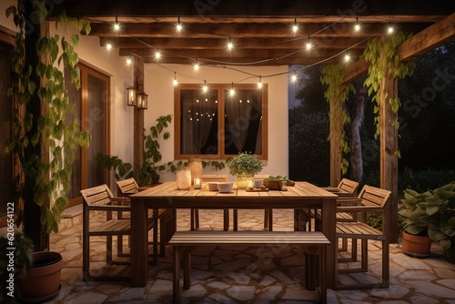 A charming and rustic outdoor dining area with a long wooden table and comfortable seating. Generative AI