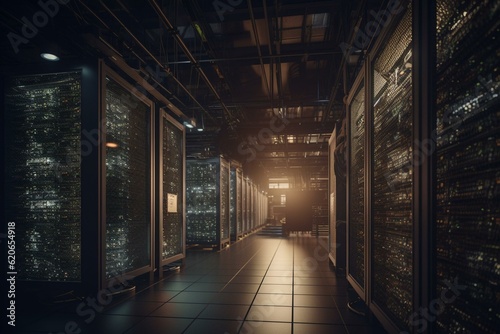 3D rendered data center with server racks, mining, and backup systems. Generative AI