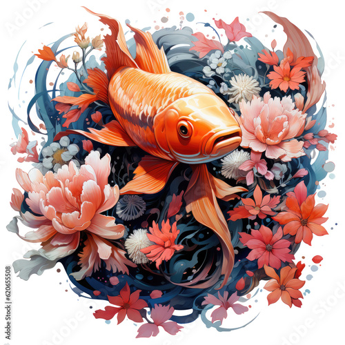 A vibrant Watercolor Koi Clipart depicting a Japanese floral koi fish swimming gracefully in a pond surrounded by a lush bamboo forest, Generative Ai