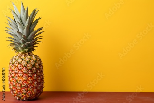 pineapple on a wooden table with a yellow background - Copy space