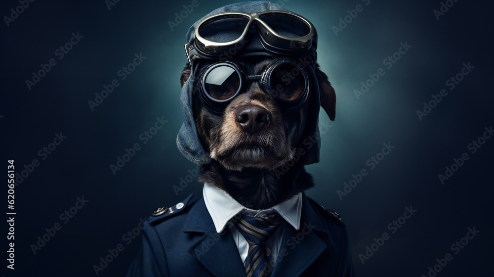 Cool looking dog wearing funky fashion dress - jacket, tie, glasses. Stylish animal posing as Pilot Aviator with Vintage Sunglasses Generative AI	
