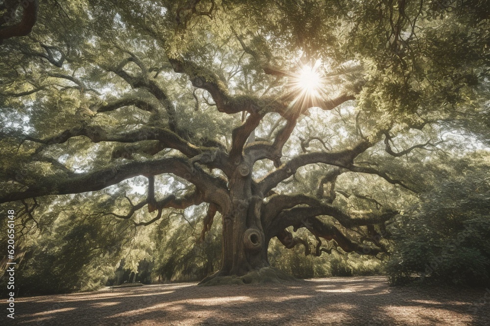 Naklejka premium Large southern live oak tree in Charleston. Generative AI