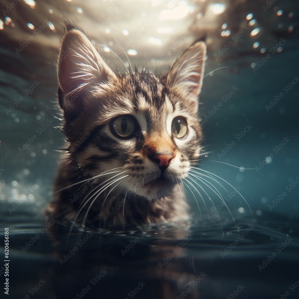 A kitten cat is swimming underwater in summer pool