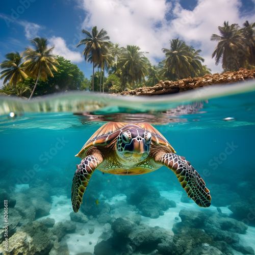 Caribbean Sea Scenery With Green Turtle