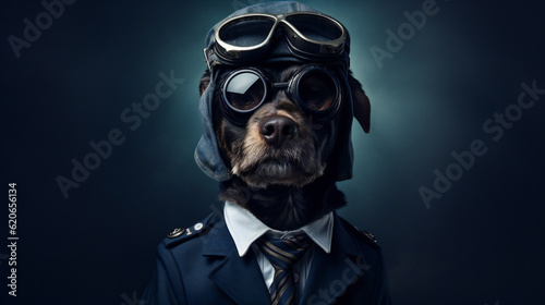Cool looking dog wearing funky fashion dress - jacket, tie, glasses. Stylish animal posing as Pilot Aviator with Vintage Sunglasses Generative AI  © Bogdan