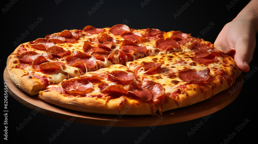 Hot Homemade Pepperoni Pizza Ready to Eat, on a dark slate, stone, metal or concrete background.Top view with copy space.Generation AI illustration