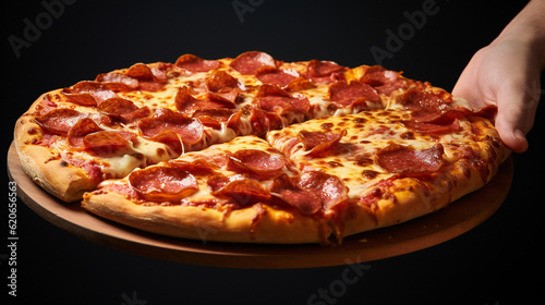 Hot Homemade Pepperoni Pizza Ready to Eat, on a dark slate, stone, metal or concrete background.Top view with copy space.Generation AI illustration