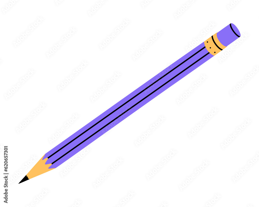 Hand drawn cute illustration of school pencil. Flat vector college stationery with rubber in colored doodle style. Education or study sticker, icon. Back to school. Isolated on white background.