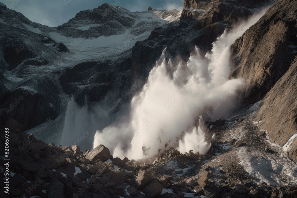 Risky avalanche cascade in lofty terrain. Generative AI