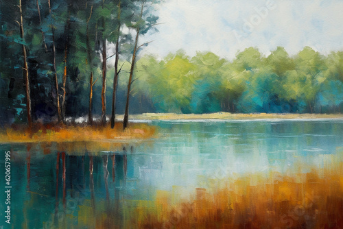 Enchanted Waters: Abstract Symphony of Forest and Lake - Oil Painting's Serene Rhapsody © AbstractHeisenberg