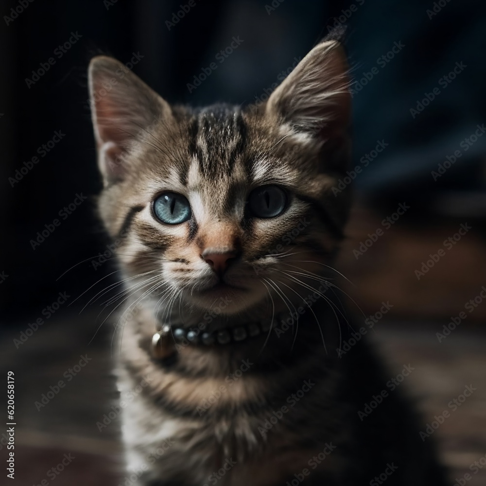 Cute black and grey kitten sitting, looking up Generative ai