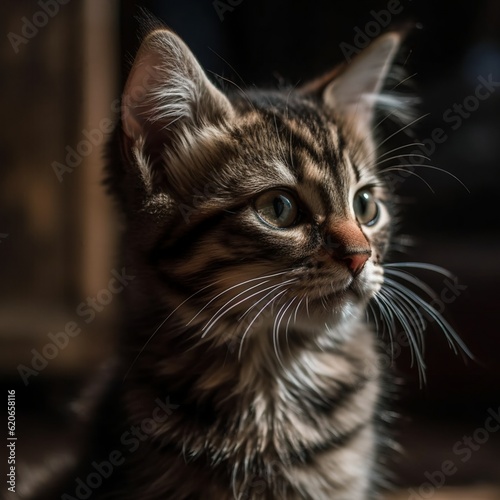 Cute black and grey kitten sitting, looking up Generative ai