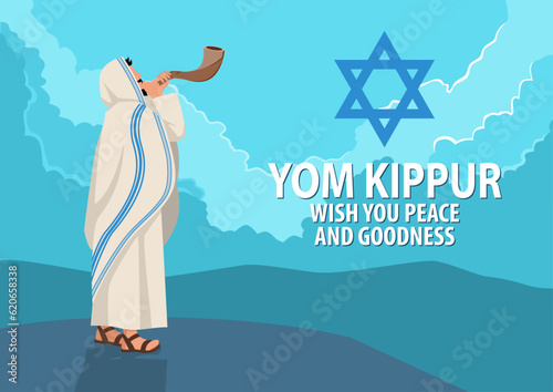 Fotografia, Obraz Vector illustration Jewish man blowing the Shofar ram’s horn on Rosh Hashanah and Yom Kippur day