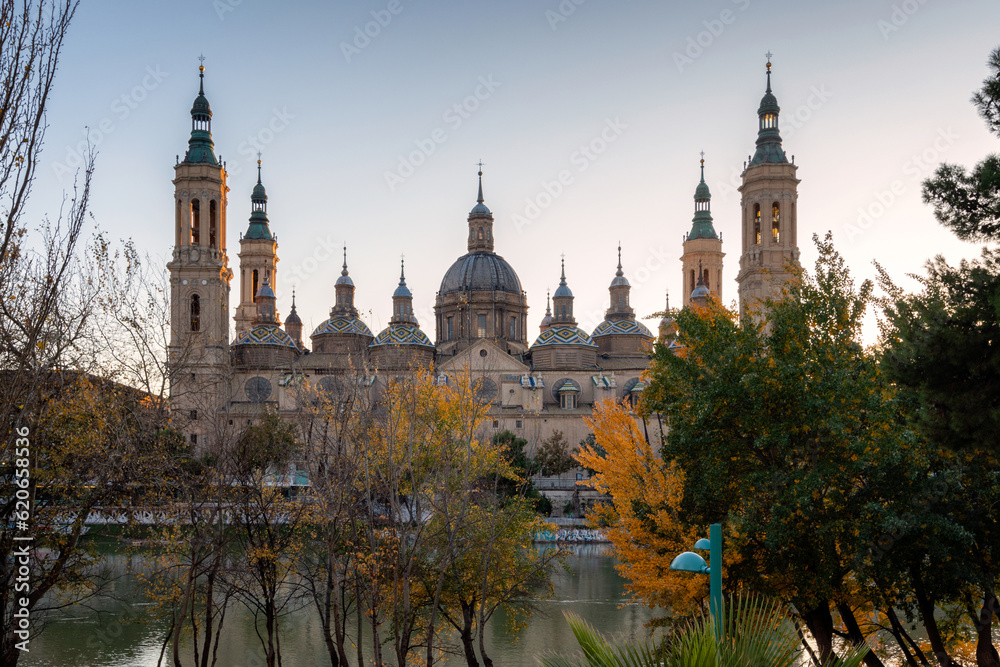 Zaragoza Basilica del Pilar cathedral from the other side of Ebro river, in Spain