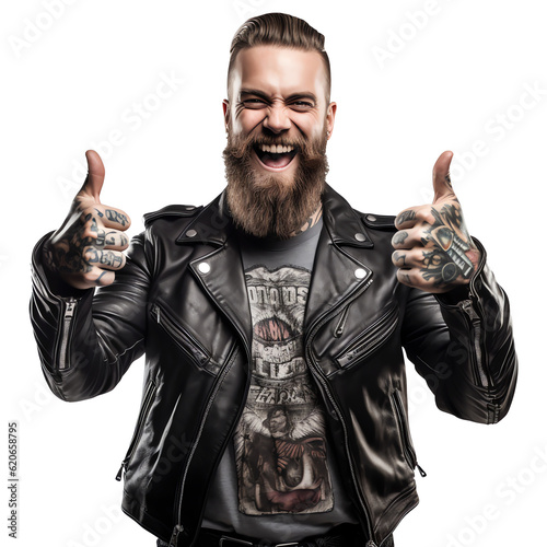Excited biker rocker with beard and leather jacket expressive thumbs up isolated - Generative AI photo
