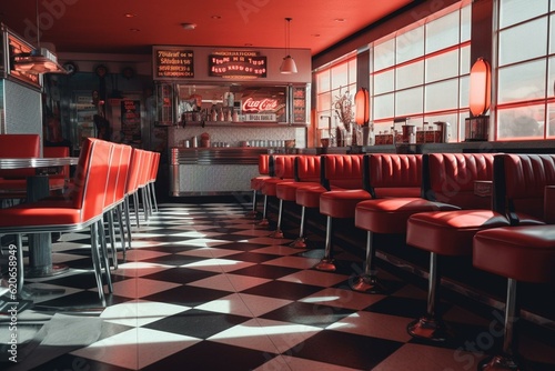 Vintage American diner with red furniture and checkered floor. Generative AI