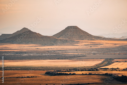 Badlands of Bardenas Reales desert mountains at sunrise, Navarre, Spain