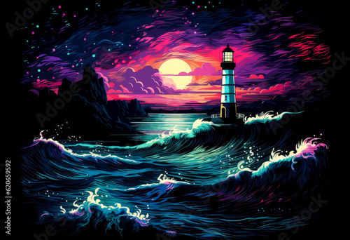 Colorful lighthouse in ocean, Colorized seascape at night, In the style of graphic novel inspired illustrations, intricate landscapes, In the style of van Gogh. 