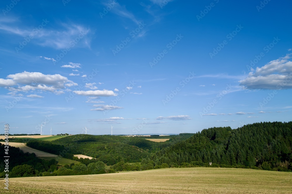 landscape with blue sky, clouds and wind generators