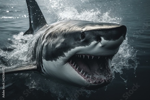 Isolated great white shark surrounded by water splashes. Generative AI © Landon