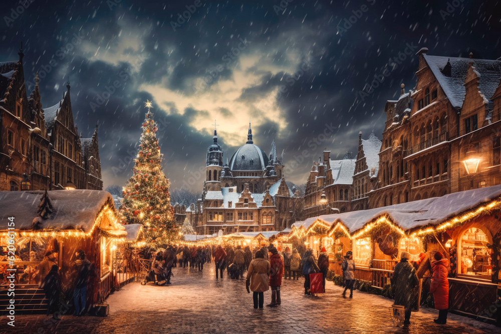 People enjoying Christmas market with holiday spirits, snowy weather, winter wonderland. Generative AI