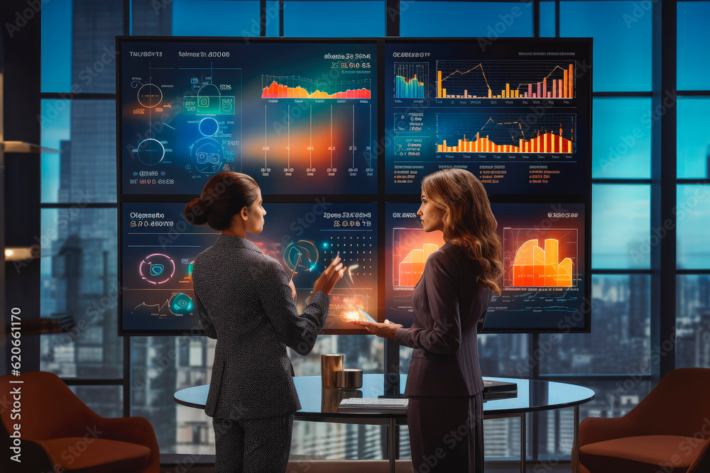 Two business women engaging in strategic discussion on data analysis in the meeting room. Generative AI Two business women engaging in strategic discussion on data analysis in the meeting room. Generative AI