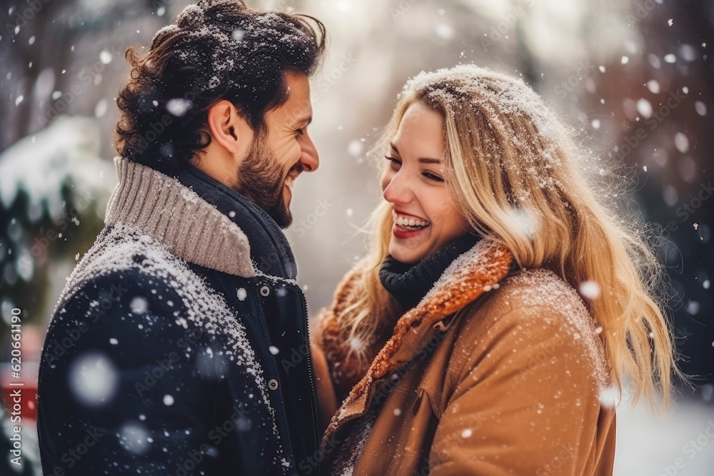Attractive young couple having a cheerful time with hot chocolate, winter wonderland. Generative AI Attractive young couple having a cheerful time with hot chocolate, winter wonderland. Generative AI